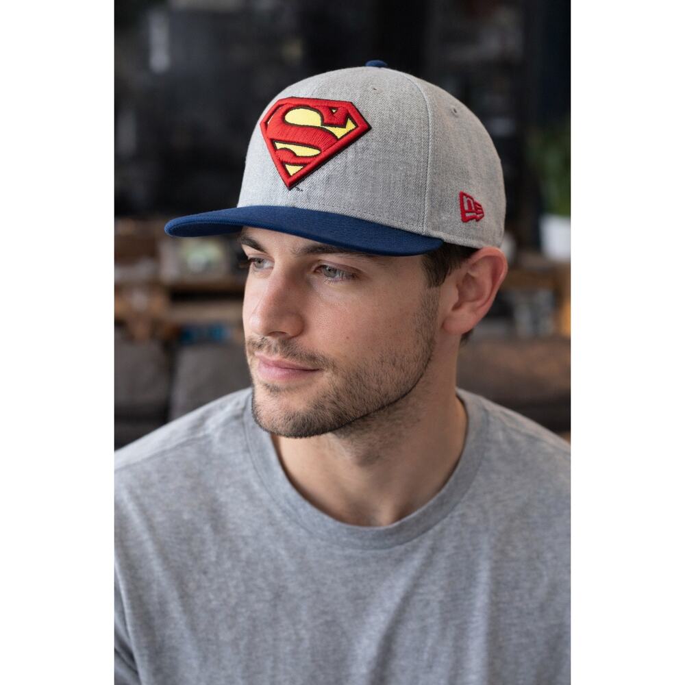 New Era Superman Fitted Hat Gray Blue Red DC Comics Logo Flat Bill Cap Adult